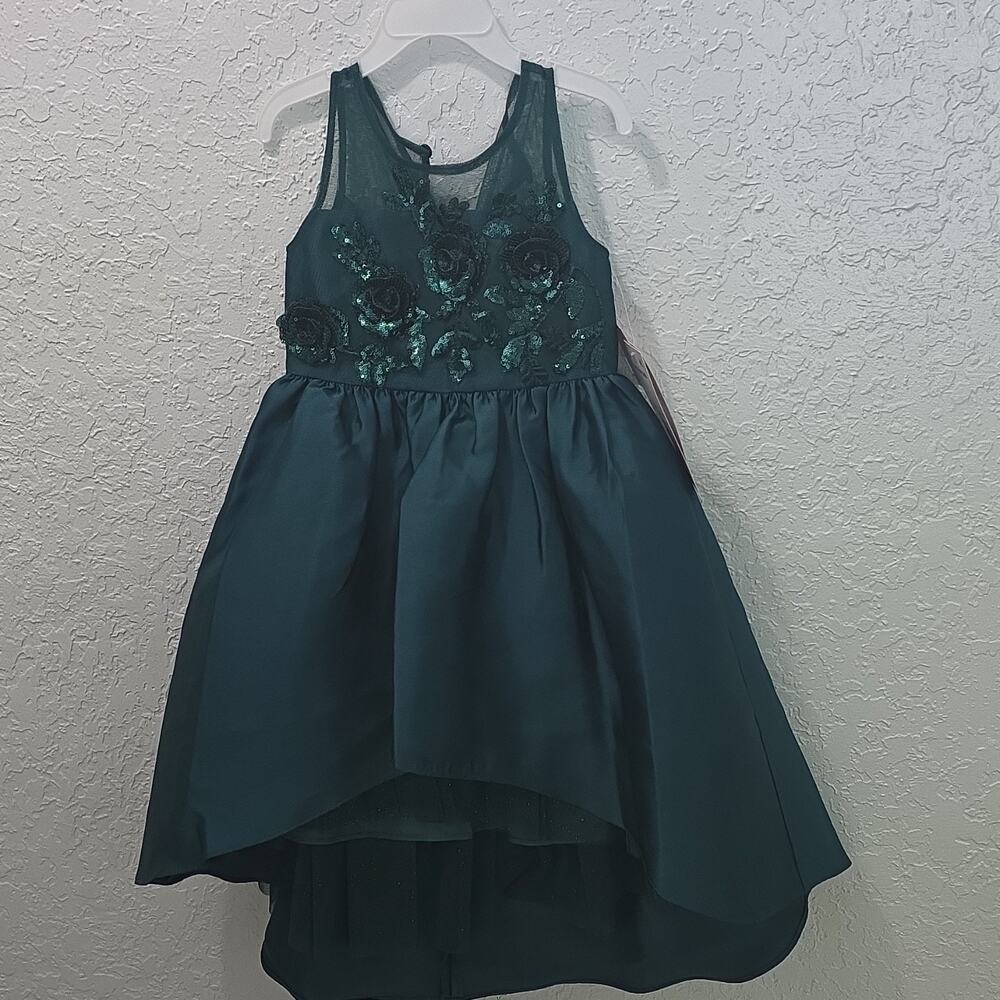 Rare Editions Hi-Low Hunter Green Floral Sequin Girls Dress 4T/4 Sleeveless